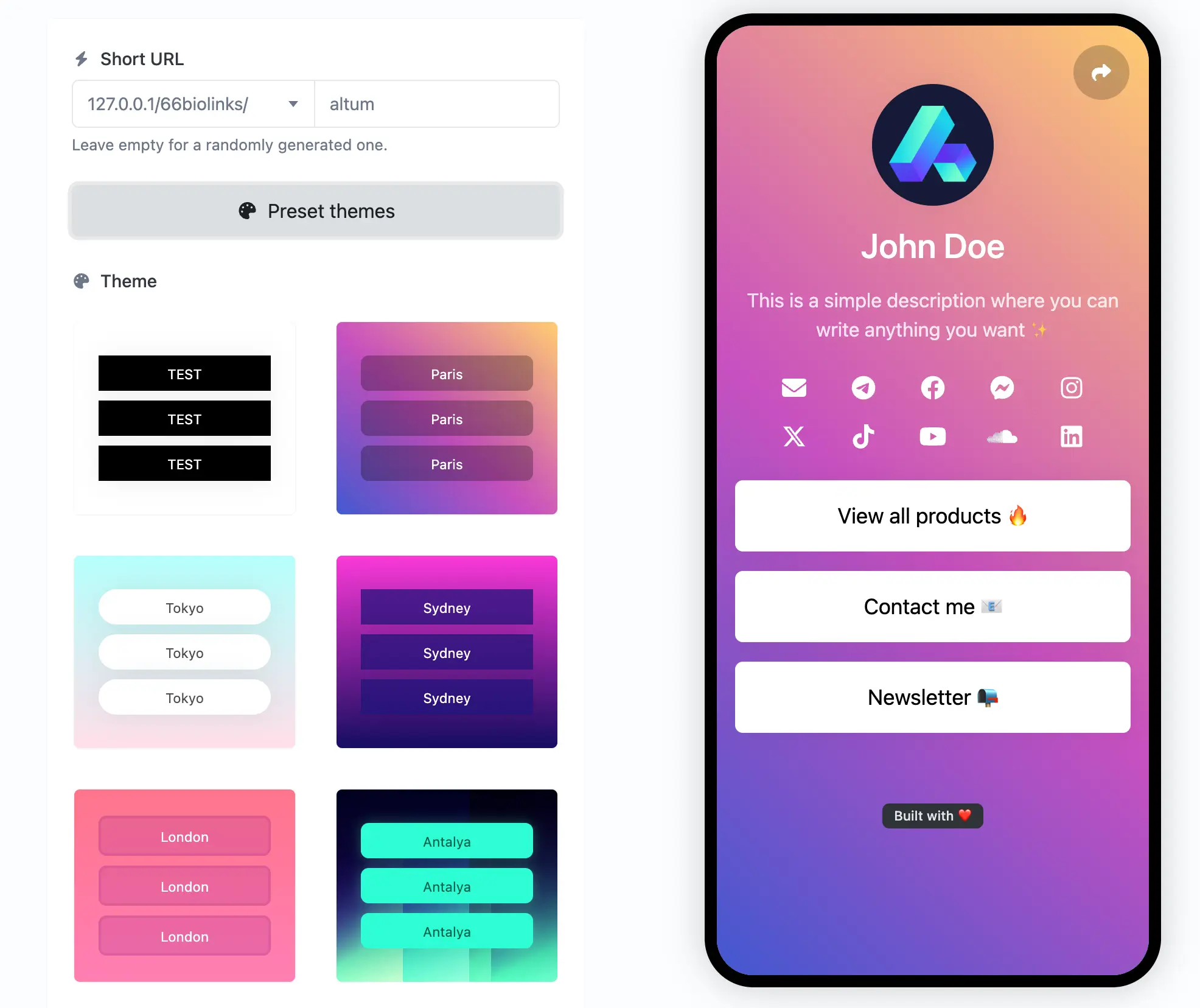 Captura de tela da página de edição de biolink do app